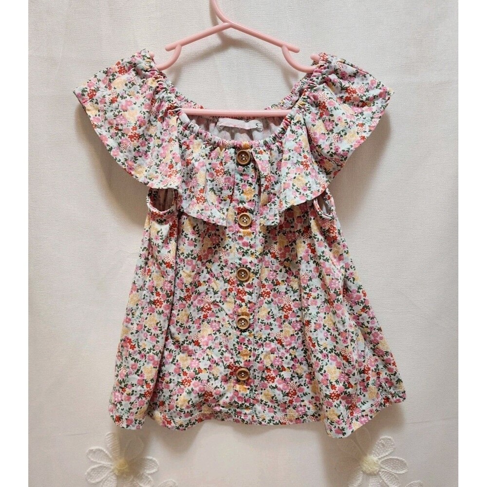 YOUNG HEARTS GIRLS SIZE 5 PINK FLORAL RUFFLE BLOUSE COTTAGECORE FAIRY BLOOM CUTE
